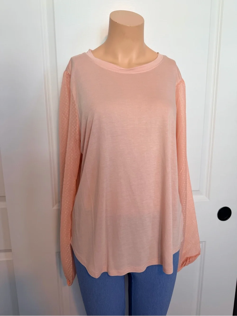 Michael Kors Soft Peach Long Sleeve Blouse with Sheer Dot Sleeves